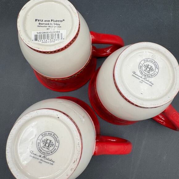 Fitz and Floyd Damask Holiday Mugs Christmas Set of 3 - Picture 5 of 6